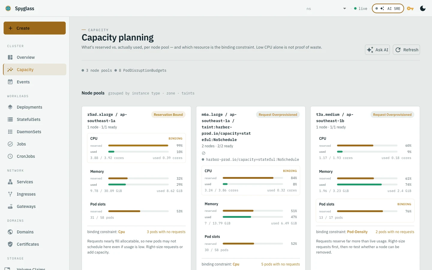Berth capacity planning page grouping node pools by instance type, zone and taints with reservation versus usage bars and a binding-constraint label.
